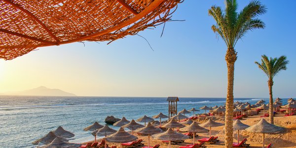 Plaża z leżakami i parasolami w Egipcie