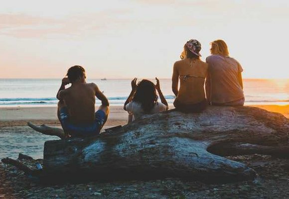 trzy kobiety i mężczyzna siedzących tyłem na pniu drzewa na plaży o zachodzie słońca