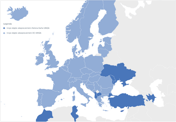 Mapa Europy pokazująca kraje w dwóch odcieniach: jasnoniebieski dla krajów objętych Uniqa Zielona Karta i ciemnoniebieski dla krajów objętych tylko ubezpieczeniem Uniqa OC. 