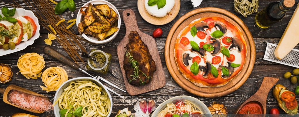 włoskie jedzenie: pizza, pasta, antipasti