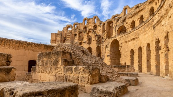 Ancient african Roman Colosseum amphitheatre ruins and columns, El Jem, Mahdia, Tunis