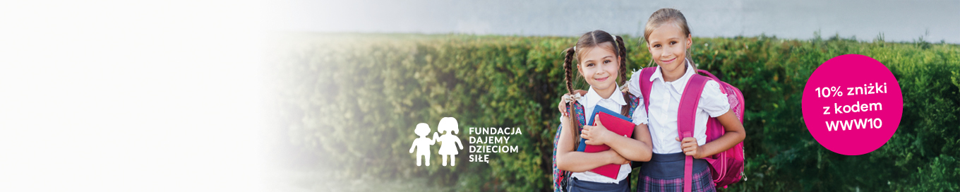 Dwie dziewczynki w mundurkach szkolnych z plecakami stoją przed logo Fundacji Dajemy Dzieciom Siłę, obok różowego koła z napisem '10% zniżki z kodem WWW10'.