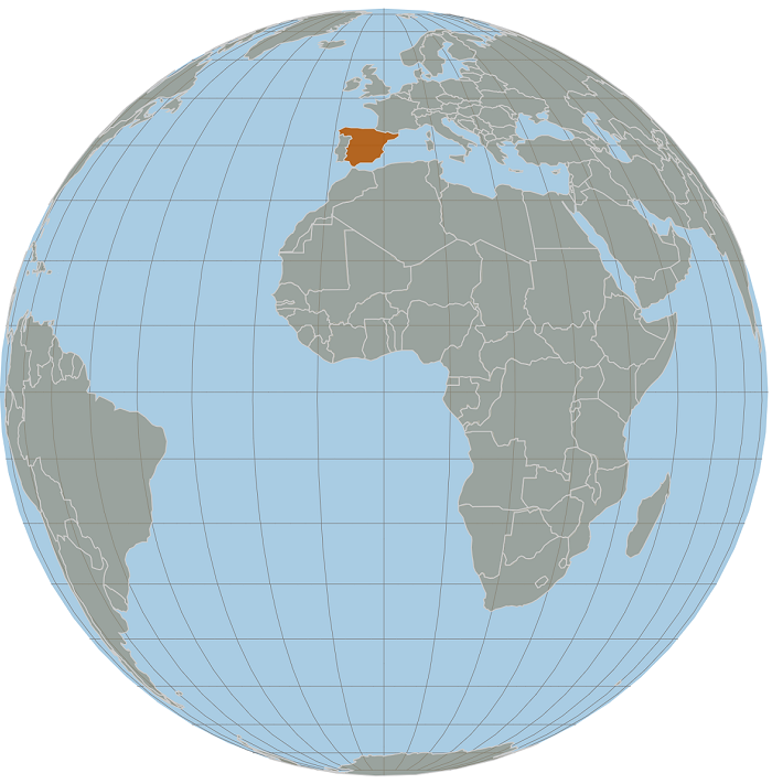 Grafika z mapą świata w kształcie globusa, na którym zaznaczona jest Hiszpania