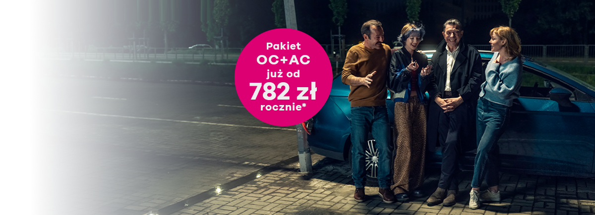 Cztery osoby stoją przy samochodzie, obok informacja o pakiecie OC+AC już od 782 zł rocznie.